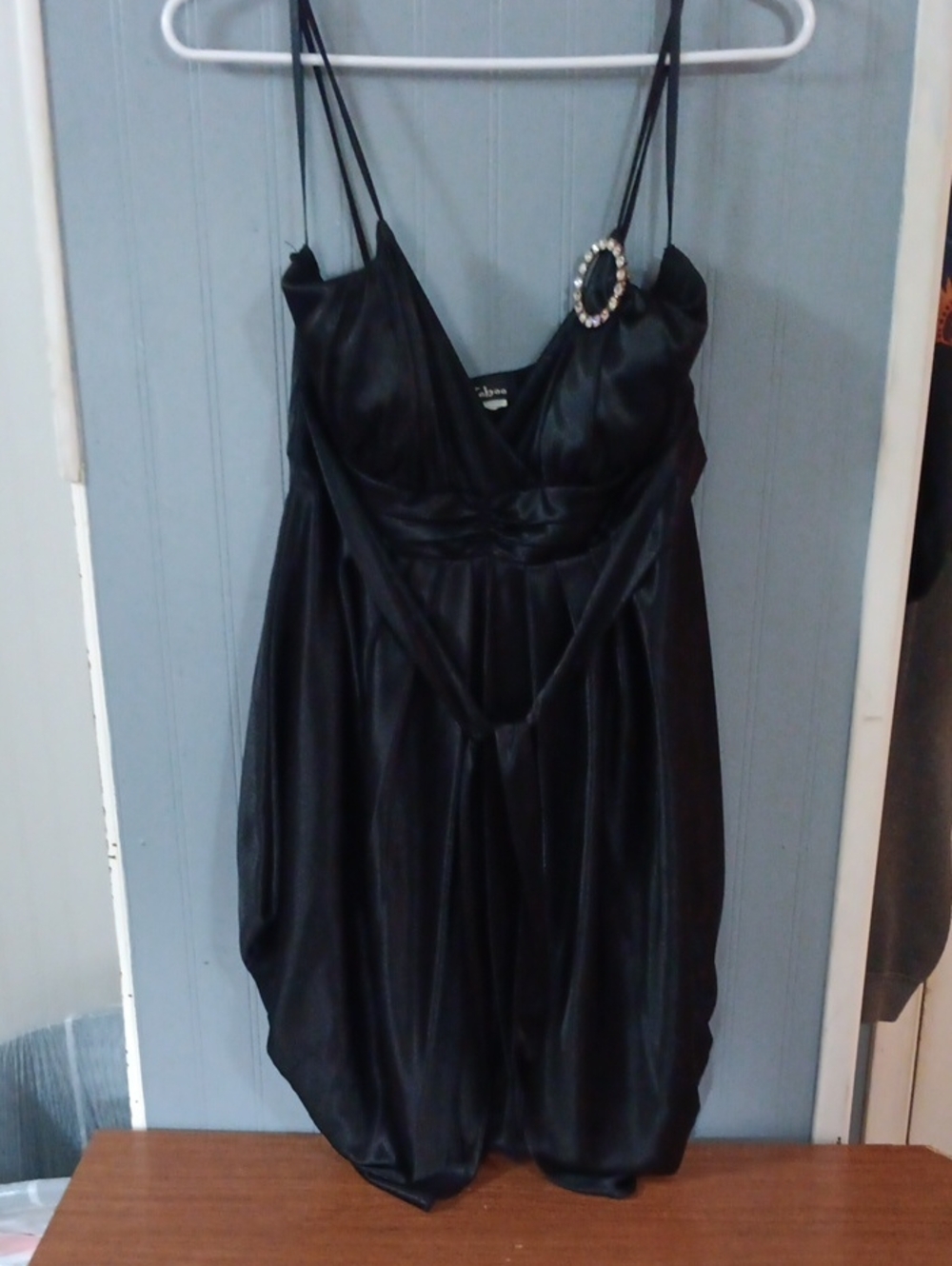 Women's Black Satin Spaghetti-Strap Dress with Embellished Accent
